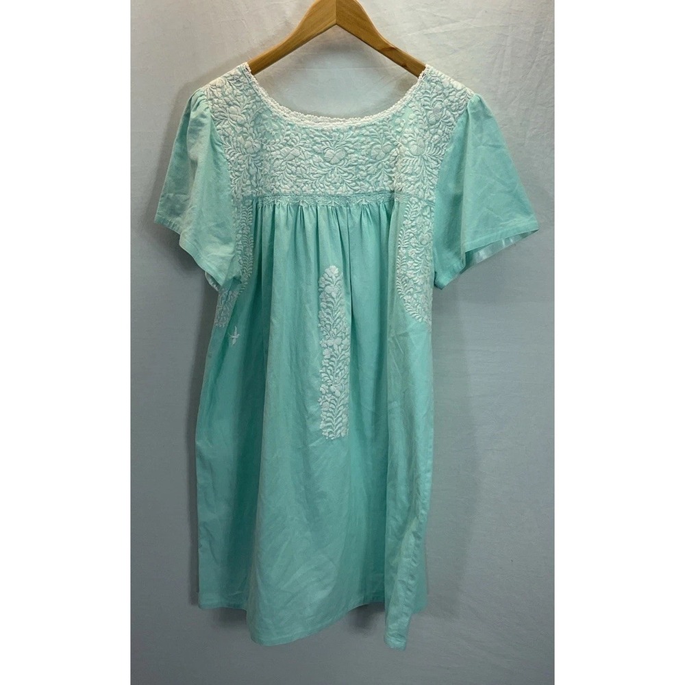 Mi Golondrina Shift Dress Size L teal Handmade‎ Mexico Embroidered beach festive